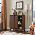 Mid Century Modern Rattan Sideboard Buffet Cabinet with Adjustable Shelf and Solid Wood Legs