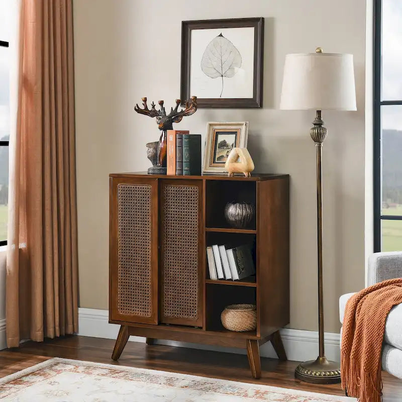 Mid Century Modern Rattan Sideboard Buffet Cabinet with Adjustable Shelf and Solid Wood Legs
