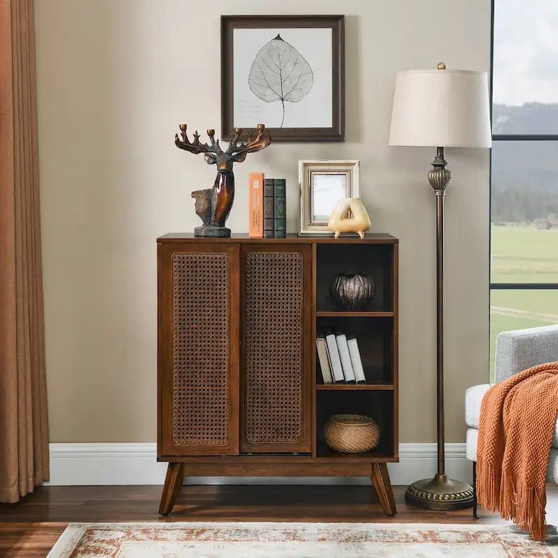 Mid Century Modern Rattan Sideboard Buffet Cabinet with Adjustable Shelf and Solid Wood Legs