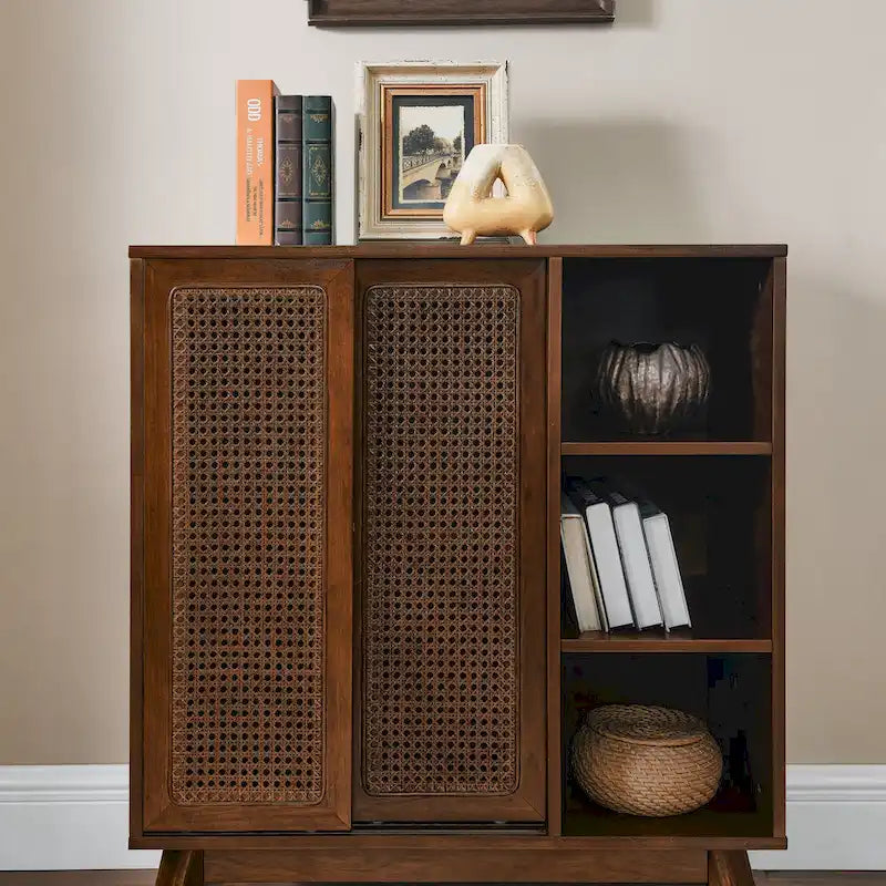 Mid Century Modern Rattan Sideboard Buffet Cabinet with Adjustable Shelf and Solid Wood Legs