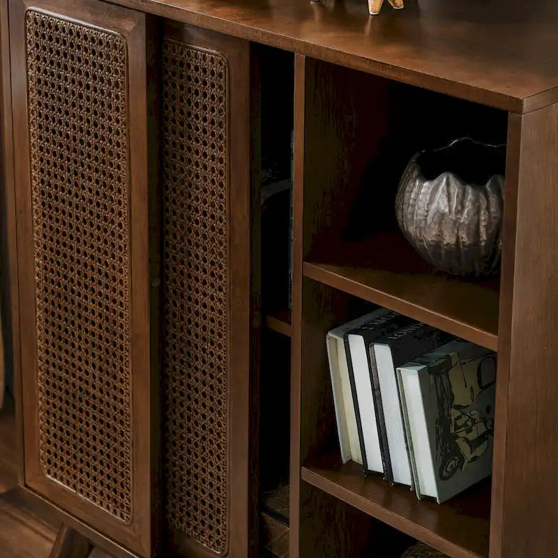 Mid Century Modern Rattan Sideboard Buffet Cabinet with Adjustable Shelf and Solid Wood Legs