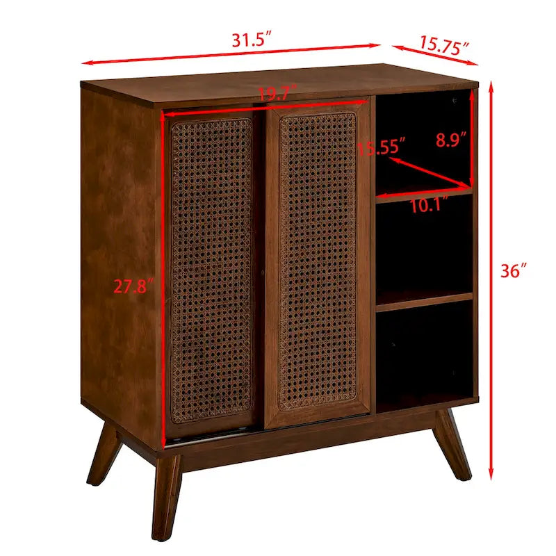 Mid Century Modern Rattan Sideboard Buffet Cabinet with Adjustable Shelf and Solid Wood Legs