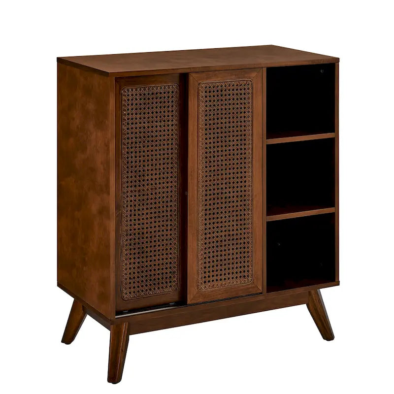 Mid Century Modern Rattan Sideboard Buffet Cabinet with Adjustable Shelf and Solid Wood Legs