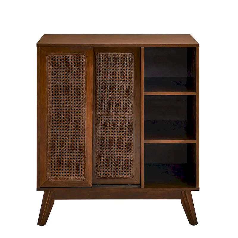 Mid Century Modern Rattan Sideboard Buffet Cabinet with Adjustable Shelf and Solid Wood Legs