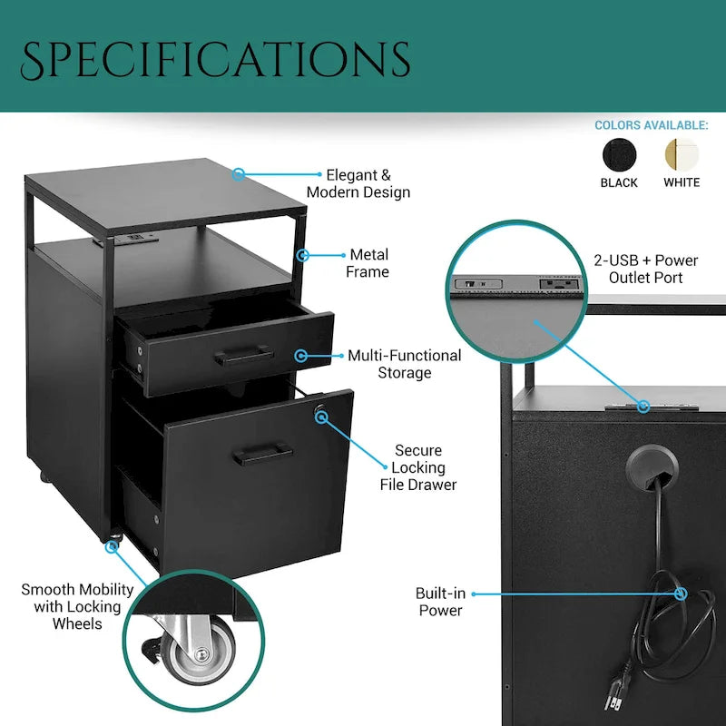 Compact Rolling File Cabinet with Lock, USB Port & Power Outlet