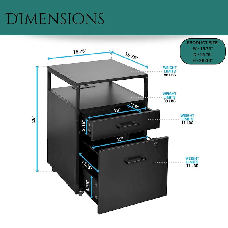 Compact Rolling File Cabinet with Lock, USB Port & Power Outlet