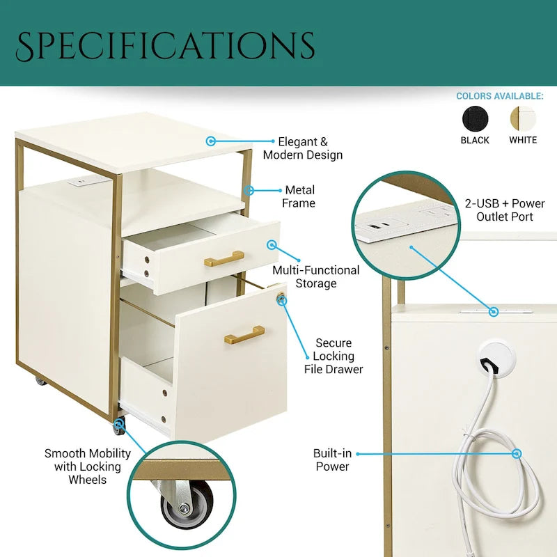 Compact Rolling File Cabinet with Lock, USB Port & Power Outlet