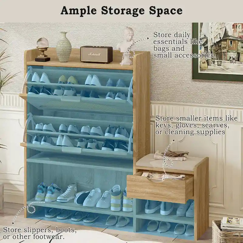47.2" Rattan Shoe Storage Cabinet with 2 Flip Drawers and Bench for Hallway