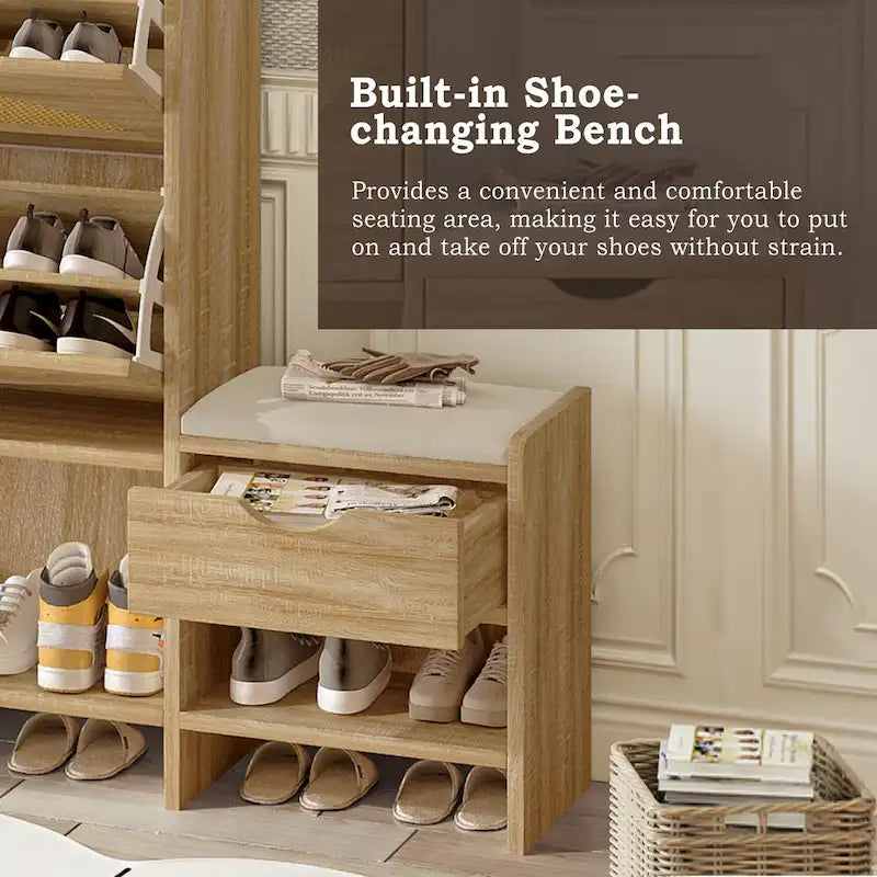 47.2" Rattan Shoe Storage Cabinet with 2 Flip Drawers and Bench for Hallway
