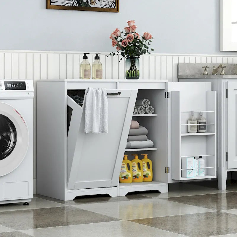 Freestanding Bathroom Cabinet with Tilt-Out Hamper and Adjustable Shelf