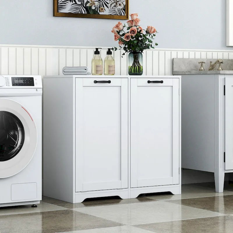 Freestanding Bathroom Cabinet with Tilt-Out Hamper and Adjustable Shelf