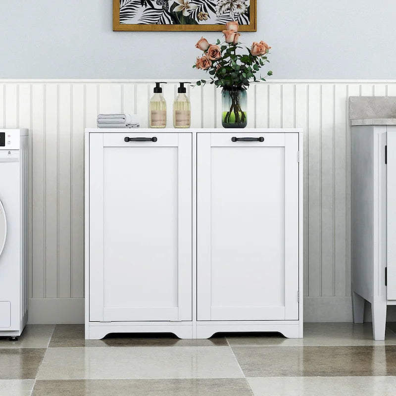 Freestanding Bathroom Cabinet with Tilt-Out Hamper and Adjustable Shelf
