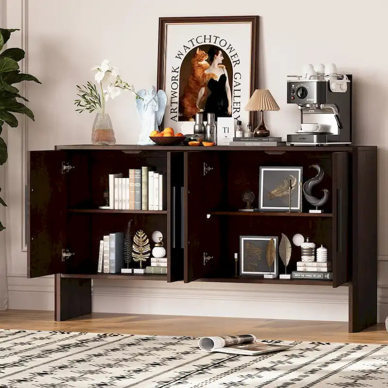 4-Door Wood Sideboard Buffet Cabinet with Adjustable Shelves & Long Handles