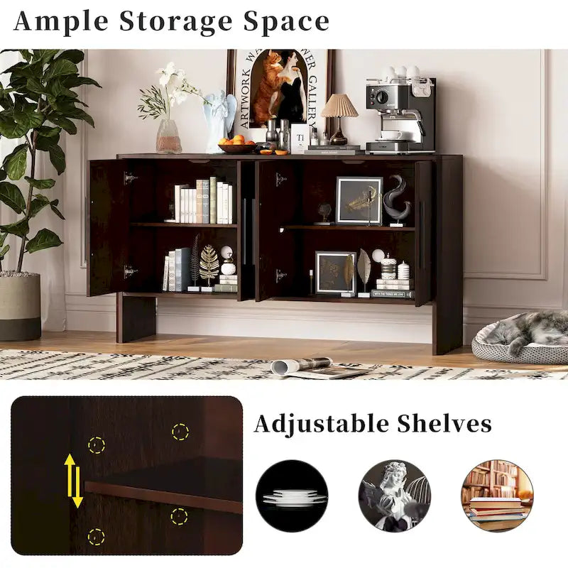 4-Door Wood Sideboard Buffet Cabinet with Adjustable Shelves & Long Handles
