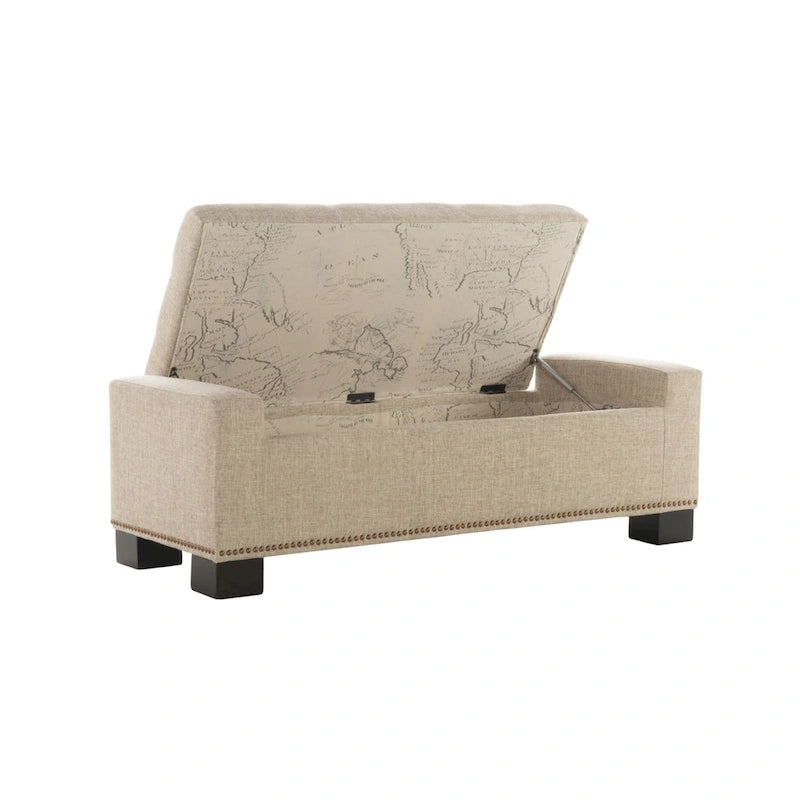 Storage Ottoman Bench with Nailhead Trim, Wheat Fabric, 51 Inch
