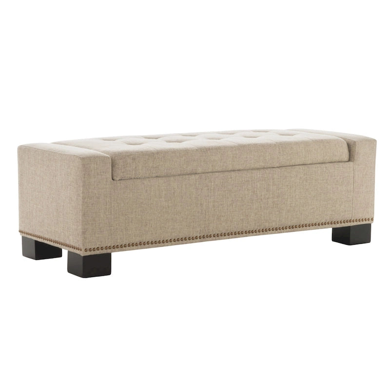 Storage Ottoman Bench with Nailhead Trim, Wheat Fabric, 51 Inch