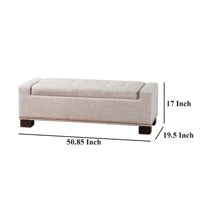 Storage Ottoman Bench with Nailhead Trim, Wheat Fabric, 51 Inch