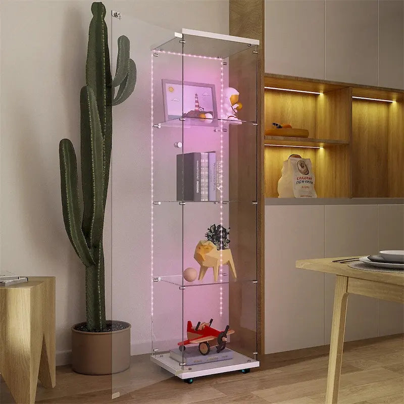 Tempered Glass Display Cabinet with LED Lighting and Storage Shelves
