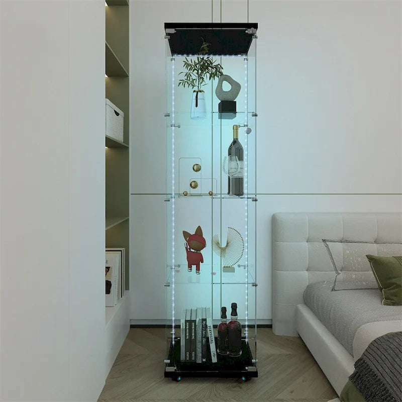 Tempered Glass Display Cabinet with LED Lighting and Storage Shelves