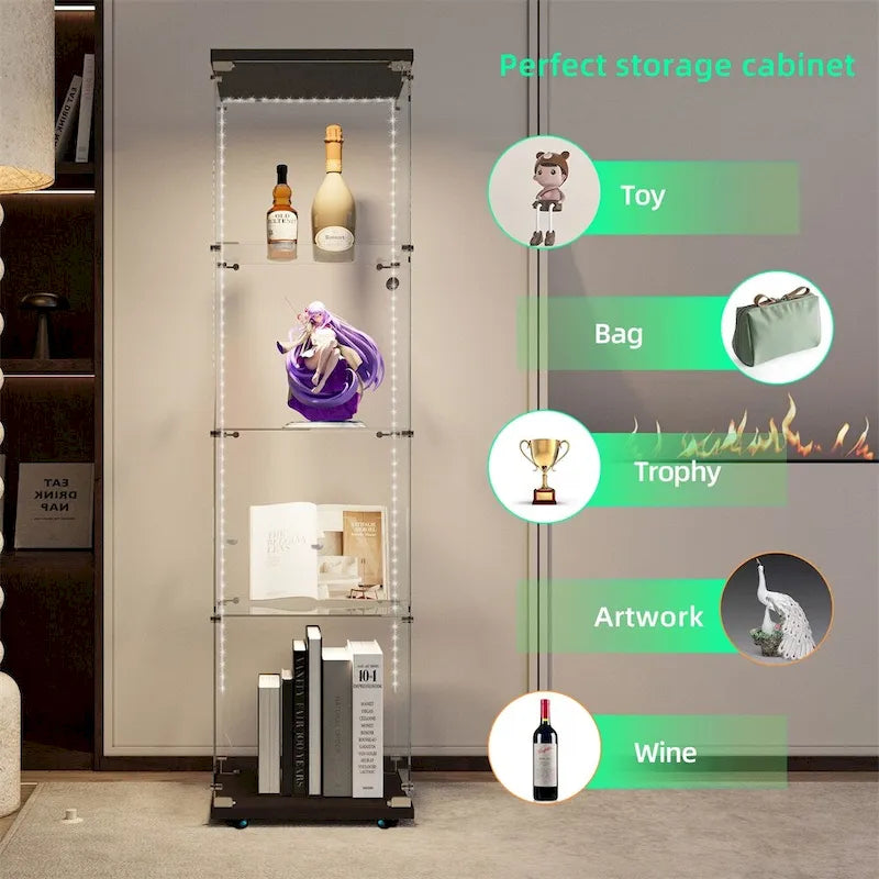 Tempered Glass Display Cabinet with LED Lighting and Storage Shelves