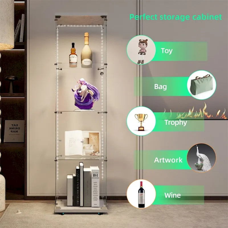Tempered Glass Display Cabinet with LED Lighting and Storage Shelves