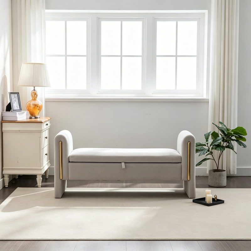 Banco de almacenamiento de terciopelo con detalles metálicos dorados para dormitorio y sala de estar