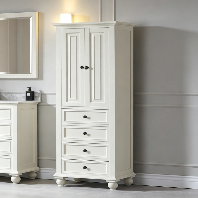 Armario alto de almacenamiento para ropa de baño de 24 pulgadas, acabado blanco francés, 24W x 68H