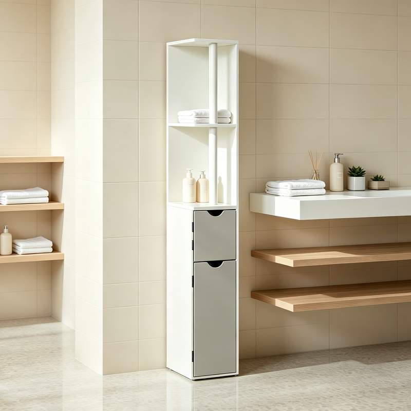 Armario alto de almacenamiento para baño con 2 estantes abiertos y 2 compartimentos con puertas, torre independiente para ropa de baño