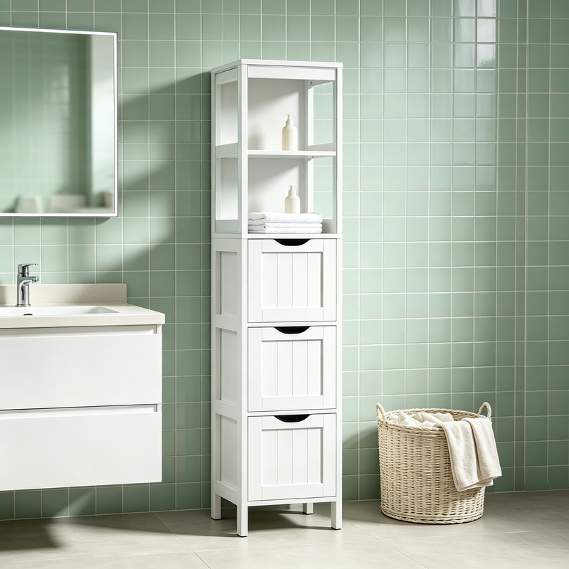 Armario moderno de almacenamiento para baño con 3 cajones y 2 estantes abiertos, blanco