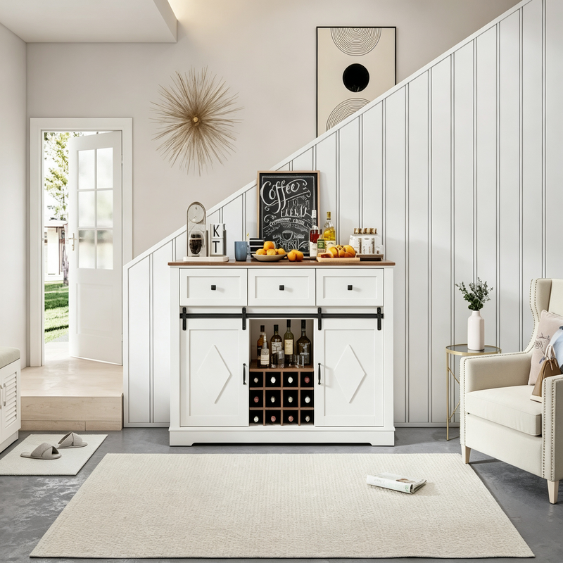 Aparador con puerta corrediza estilo granero, mueble bar de café con soporte para copas, mueble bar con estantes de almacenamiento y cajones