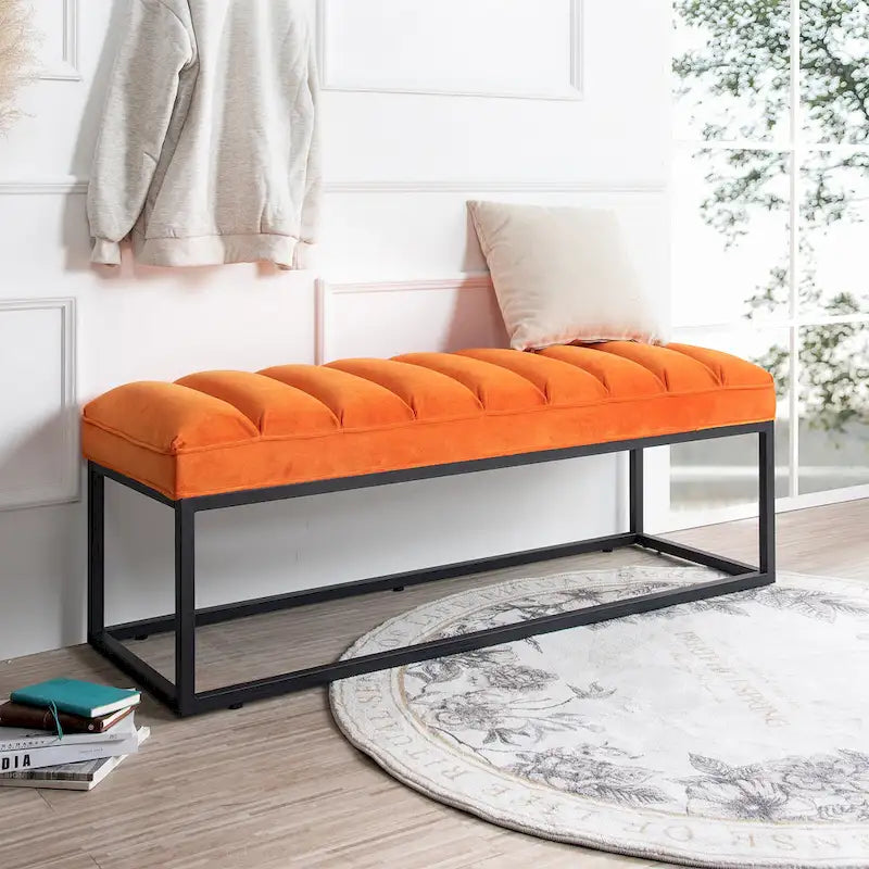 Metal Base Velvet Upholstered Bench for Bedroom Entryway