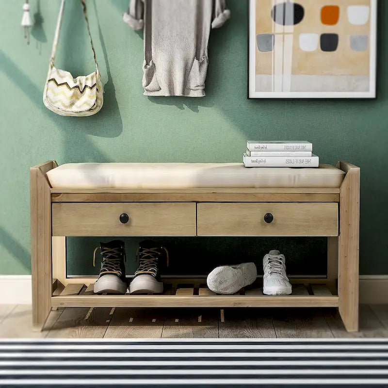 43 Entryway Storage Bench Shoe Rack with Cushioned Seat and Drawers