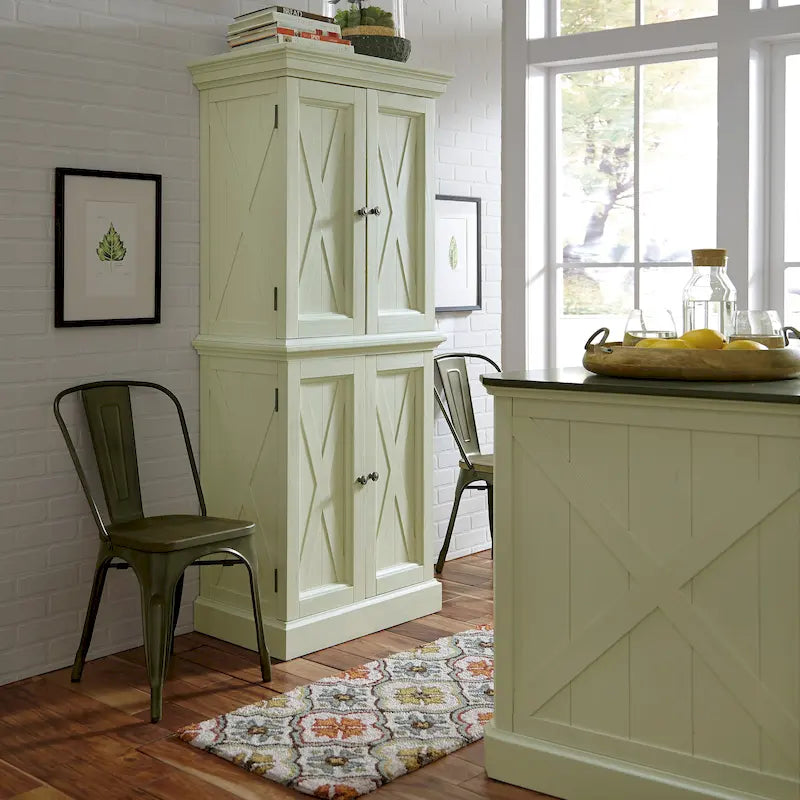 Off-White Kitchen Pantry Cabinet with 4 Doors Wire-Brushed Aged Finish