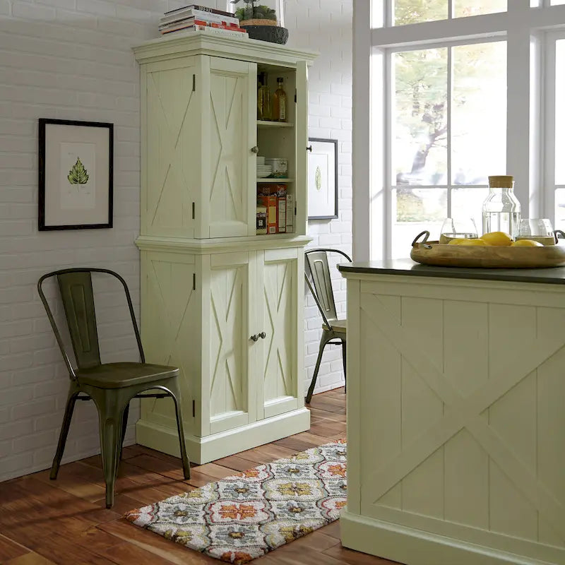 Off-White Kitchen Pantry Cabinet with 4 Doors Wire-Brushed Aged Finish