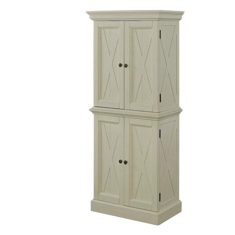 Off-White Kitchen Pantry Cabinet with 4 Doors Wire-Brushed Aged Finish