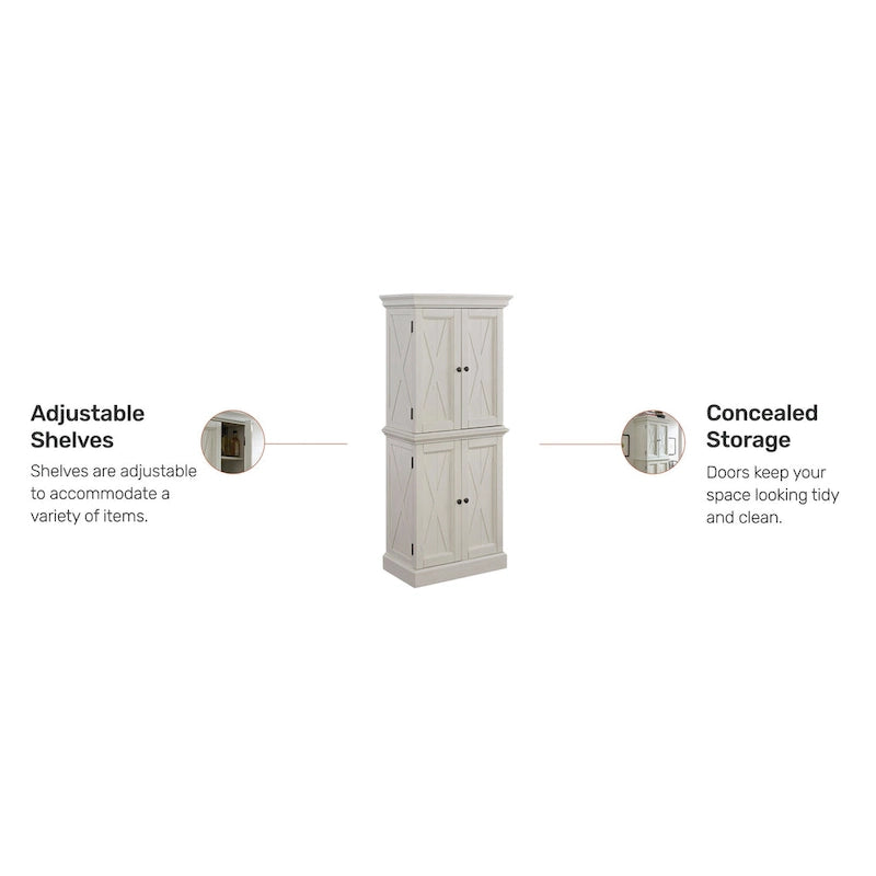 Off-White Kitchen Pantry Cabinet with 4 Doors Wire-Brushed Aged Finish
