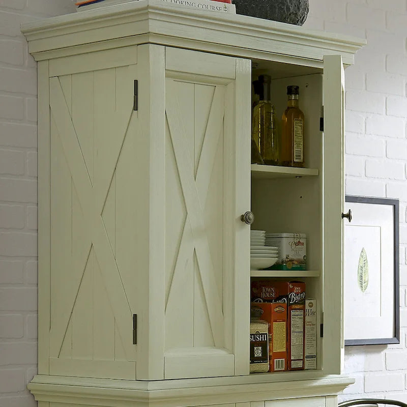 Off-White Kitchen Pantry Cabinet with 4 Doors Wire-Brushed Aged Finish