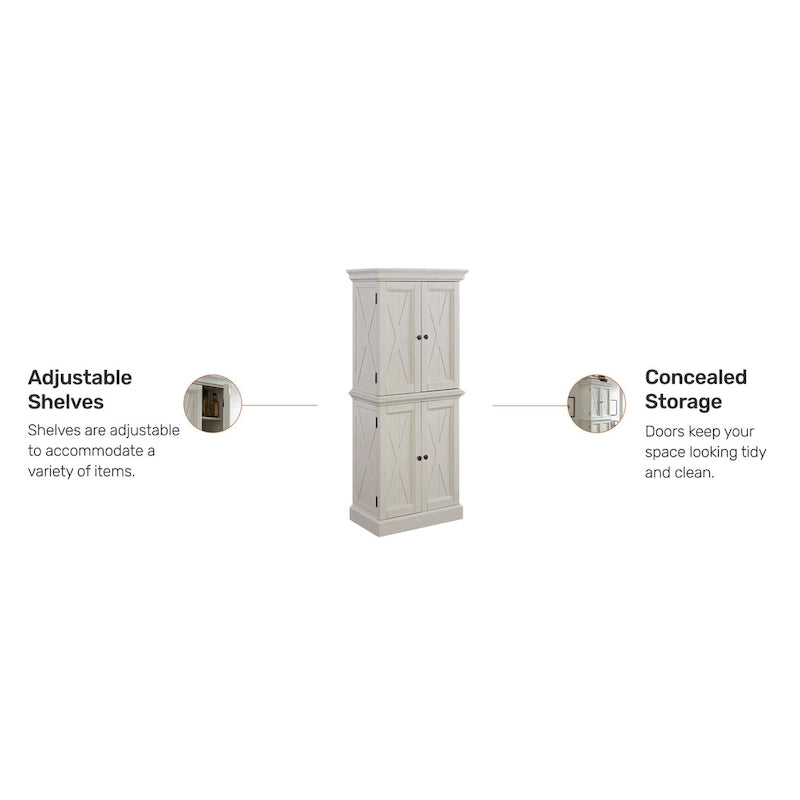 Off-White Kitchen Pantry Cabinet with 4 Doors Wire-Brushed Aged Finish