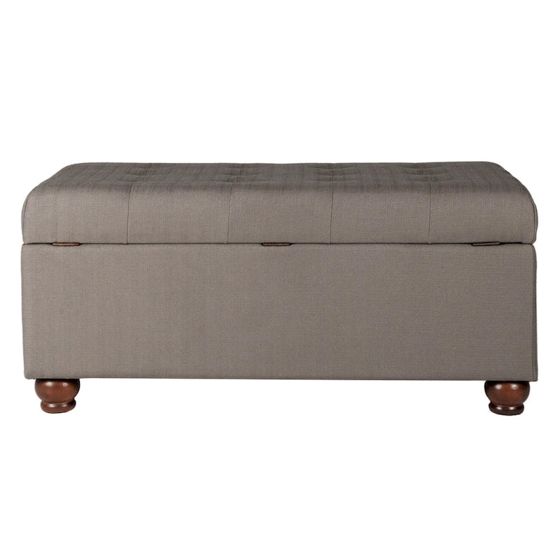 Grey Tufted Upholstered Storage Bench with Hinged Lid and Wooden Legs