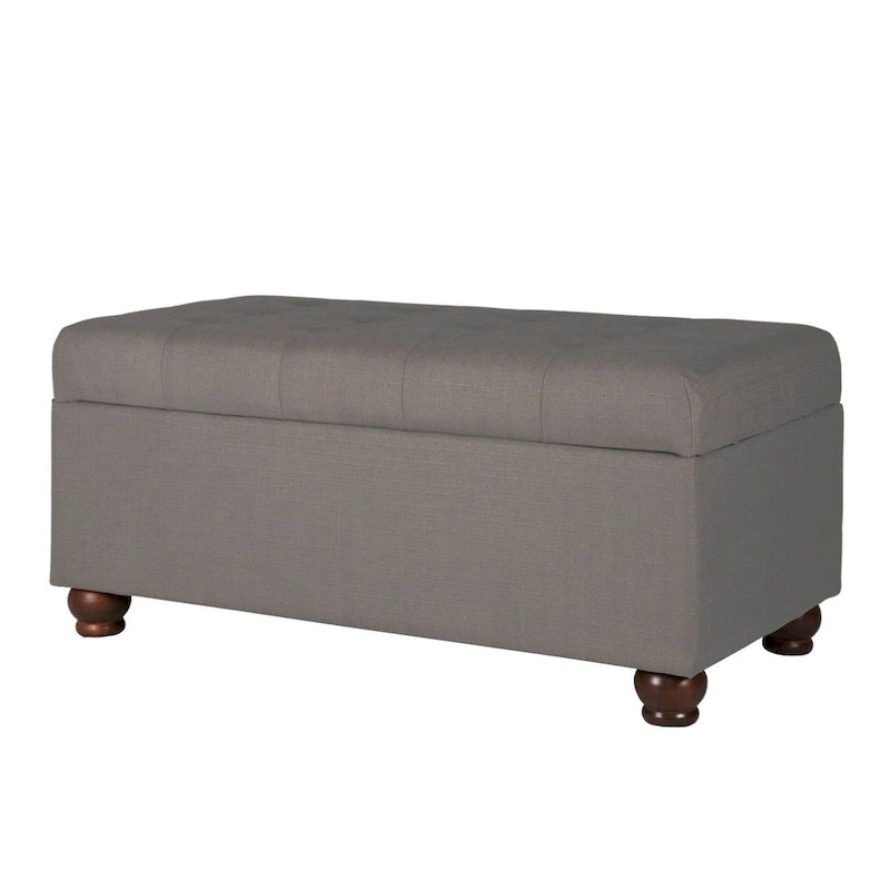 Grey Tufted Upholstered Storage Bench with Hinged Lid and Wooden Legs