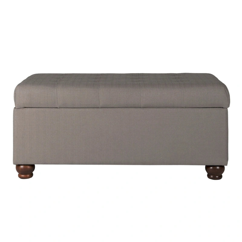 Grey Tufted Upholstered Storage Bench with Hinged Lid and Wooden Legs