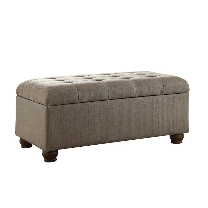 Grey Tufted Upholstered Storage Bench with Hinged Lid and Wooden Legs