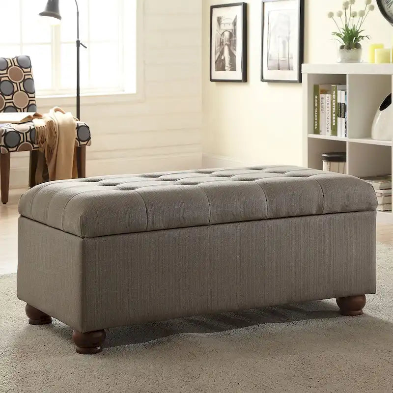 Grey Tufted Upholstered Storage Bench with Hinged Lid and Wooden Legs