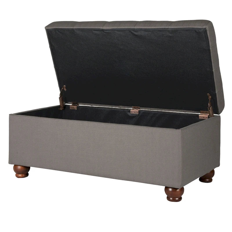 Grey Tufted Upholstered Storage Bench with Hinged Lid and Wooden Legs