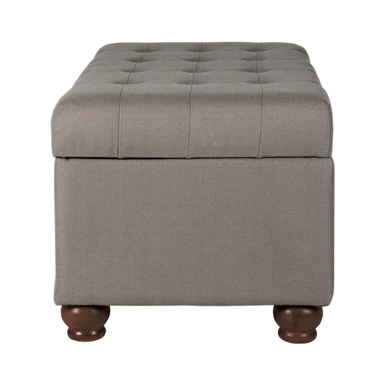 Grey Tufted Upholstered Storage Bench with Hinged Lid and Wooden Legs