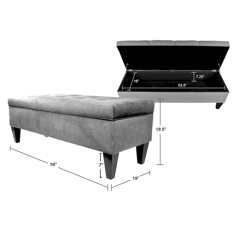 Fabric and Wood Button-Tufted Long Storage Bench with Lift-Top
