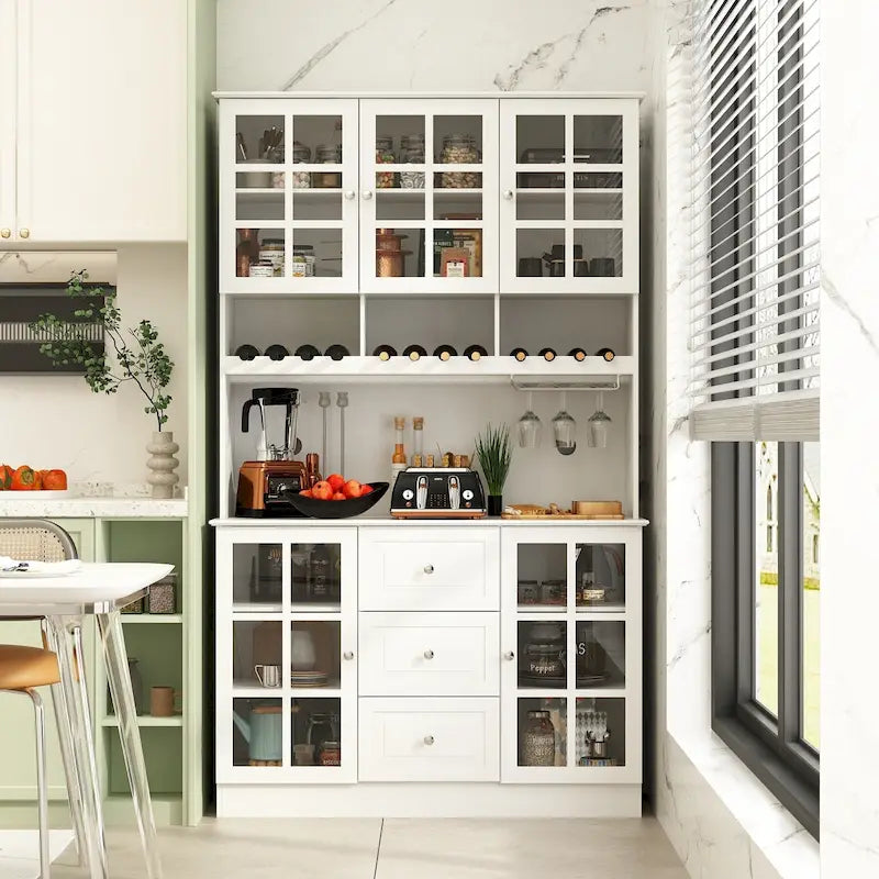 White Buffet Cabinet with Wine Glass Rack, Drawers and Hutch