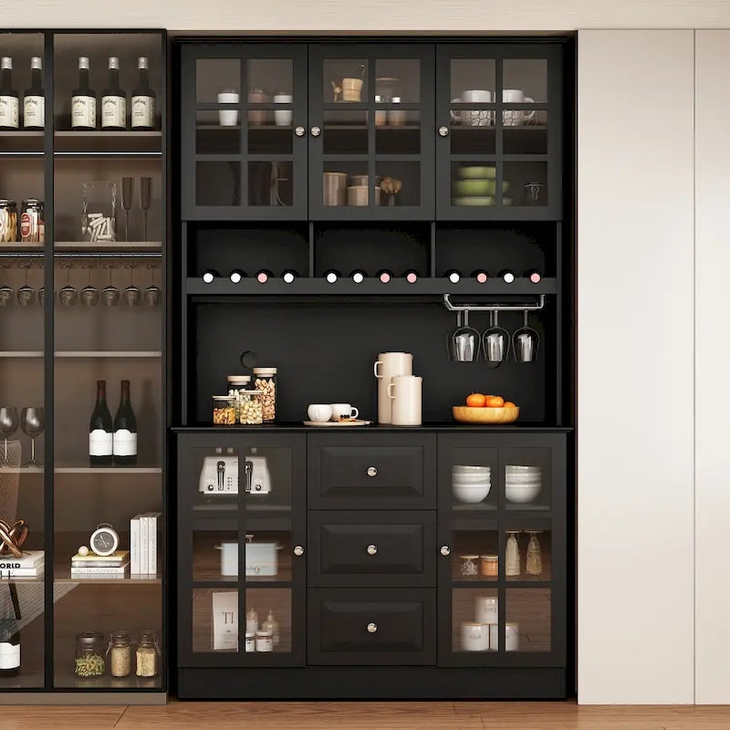 White Buffet Cabinet with Wine Glass Rack, Drawers and Hutch