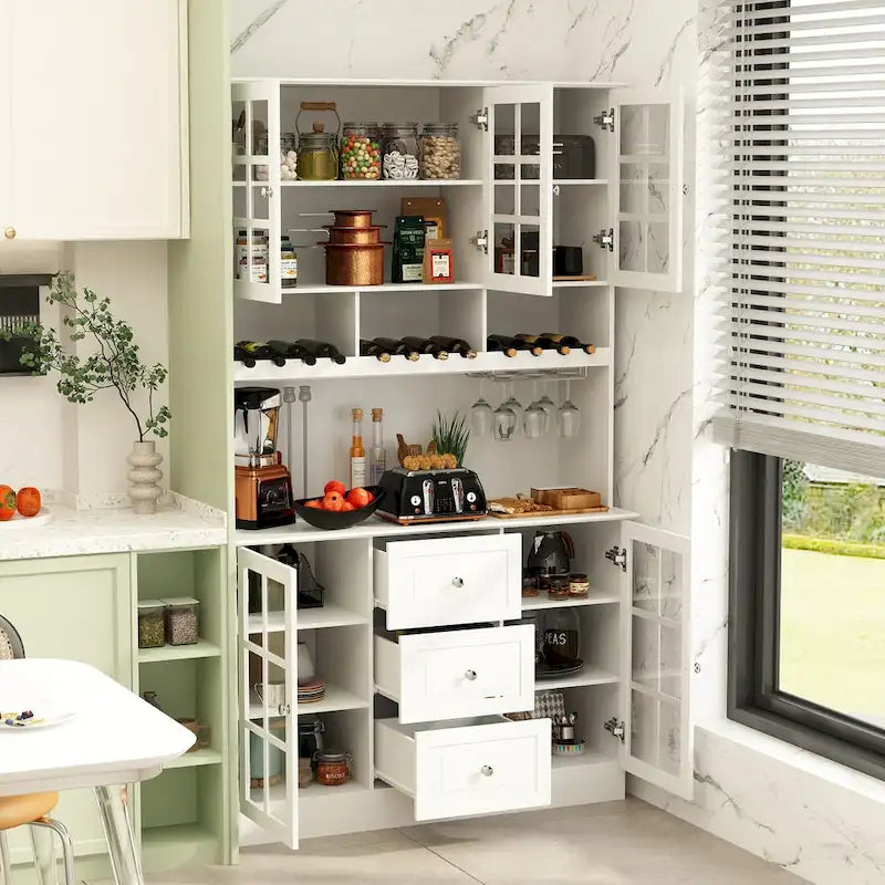 White Buffet Cabinet with Wine Glass Rack, Drawers and Hutch