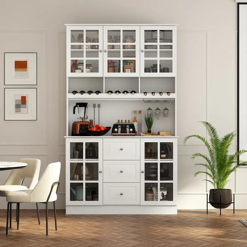 White Buffet Cabinet with Wine Glass Rack, Drawers and Hutch